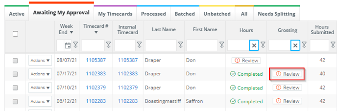Timecard Create Submit Grossing - Timecard REVIEW Button